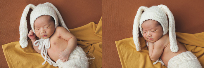 Baby boy newborn session in studio neutral colours mustard yellow tan orange bunny rabbit bonnet. Bébé Aiden séance nouveau-né bébé en studio à Montréal. Photographe nouveau-né Montréal | Lisa-Marie Savard Photographie | Montréal, Québec | www.lisamariesavard.com