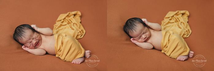 Baby boy newborn session in studio neutral colours mustard yellow tan orange. Bébé Aiden séance nouveau-né bébé en studio à Montréal. Photographe nouveau-né Montréal | Lisa-Marie Savard Photographie | Montréal, Québec | www.lisamariesavard.com