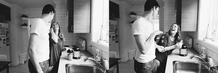 In-home lifestyle engagement session. Couple preparing food breakfast in the kitchen. Séance de fiançailles couple romantique à la maison à Montréal | Lisa-Marie Savard Photographie | Montréal, Québec | www.lisamariesavard.com