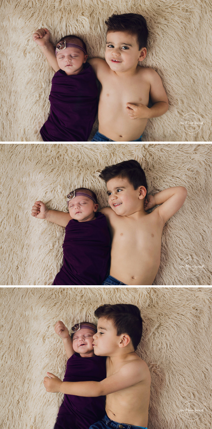 Newborn photo with sibling. Big brother with newborn sister. Sibling laying down with newborn baby. Big brother laying down with baby sister on fur blanket. Newborn baby girl. Newborn session ideas. Simple clean minimalist newborn photos. Organic neutral newborn photos. Baby girl organic floral tie back headband. Photographe de nouveau-né à Montréal. Séance photo nouveau-né en studio à Montréal. Montreal newborn photographer. In-studio newborn session Montreal | Lisa-Marie Savard Photographie | Montréal, Québec | www.lisamariesavard.com