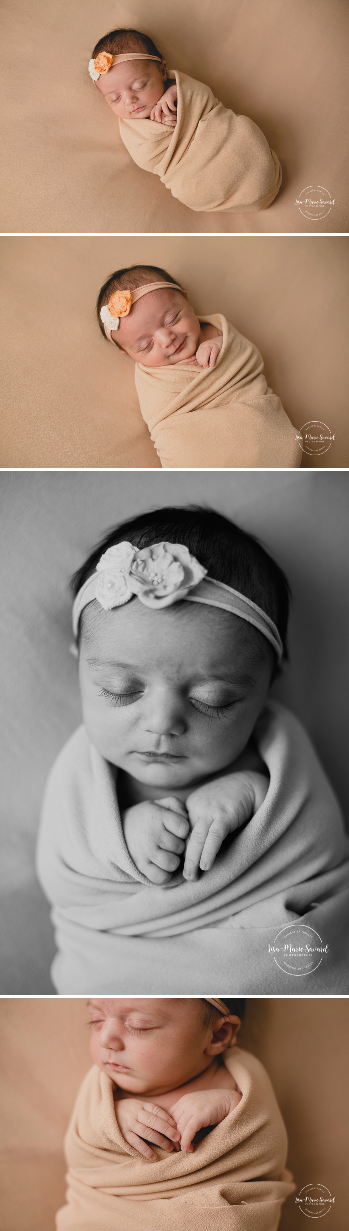 Newborn baby girl. Newborn session ideas. Simple clean minimalist newborn photos. Newborn wrapped back pose. Organic neutral newborn photos. Baby girl organic floral tie back headband. Photographe de nouveau-né à Montréal. Séance photo nouveau-né en studio à Montréal. Montreal newborn photographer. In-studio newborn session Montreal | Lisa-Marie Savard Photographie | Montréal, Québec | www.lisamariesavard.com