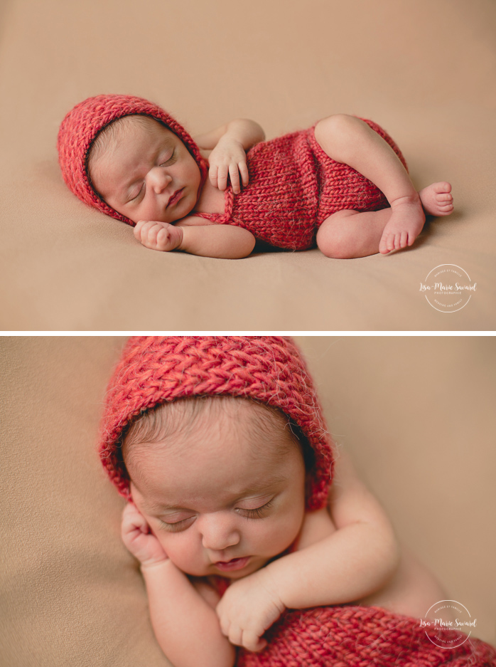 Newborn baby girl. Newborn session ideas. Simple clean minimalist newborn photos. Newborn side laying pose. Organic neutral newborn photos. Baby girl organic floral tie back headband. Photographe de nouveau-né à Montréal. Séance photo nouveau-né en studio à Montréal. Montreal newborn photographer. In-studio newborn session Montreal | Lisa-Marie Savard Photographie | Montréal, Québec | www.lisamariesavard.com