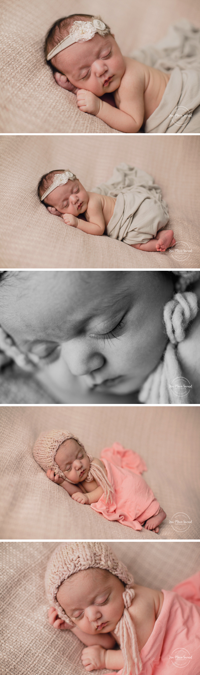 Newborn baby girl. Newborn session ideas. Simple clean minimalist newborn photos. Newborn tushy up bum up pose. Organic neutral newborn photos. Baby girl organic floral tie back headband. Photographe de nouveau-né à Montréal. Séance photo nouveau-né en studio à Montréal. Montreal newborn photographer. In-studio newborn session Montreal | Lisa-Marie Savard Photographie | Montréal, Québec | www.lisamariesavard.com