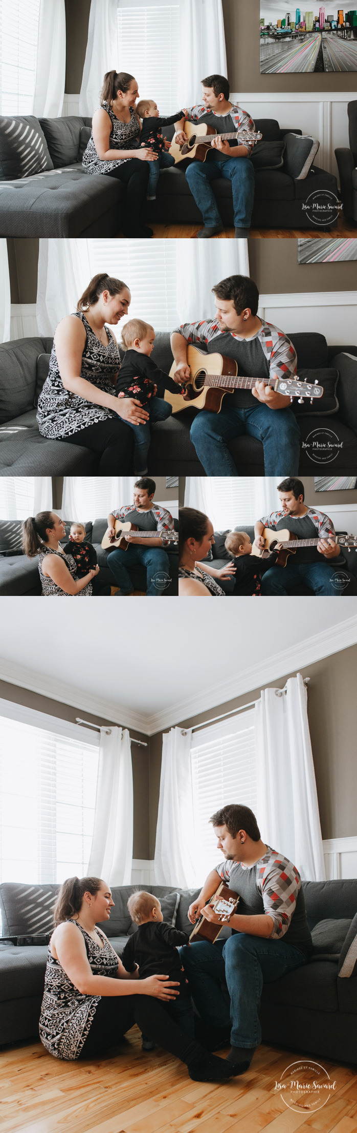 Lifestyle family sessions with guitar. Family photos playing music. Séance familiale lifestyle avec guitare à Montréal