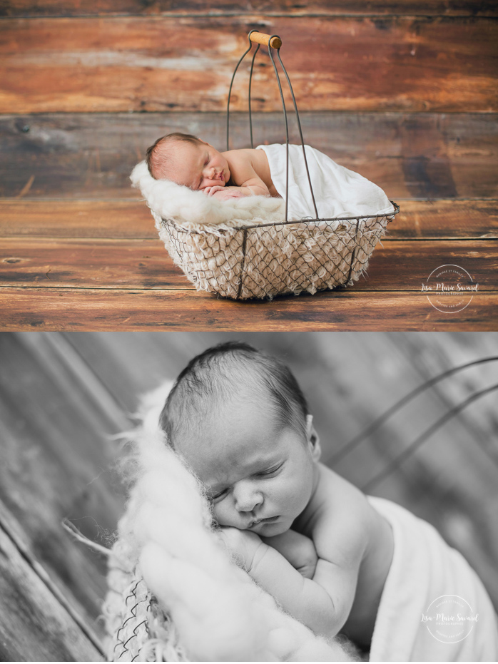 Boy newborn session fur basket on wooden backdrop. Lemondrop Sequoia. Montreal newborn photographer. Séance nouveau-né avec grand-frère à Montréal.