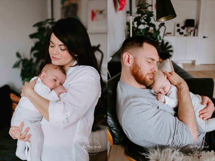 Mom and dad holding three months old boy. In-home family session. Three months old boy family session. Lifestyle family session baby boy. Photos de famille à Montréal. Saint-Henri in-home family session. Montreal lifestyle family photographer.