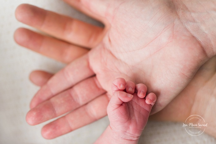 Close up photo of dad, mom and baby hands. Simple newborn photos. Minimalist newborn session. Clean baby photos. Baby photos ideas. Photos de nouveau-né avec parents à Montréal. Montreal newborn photos with parents. Photographe à Verdun. Verdun photographer