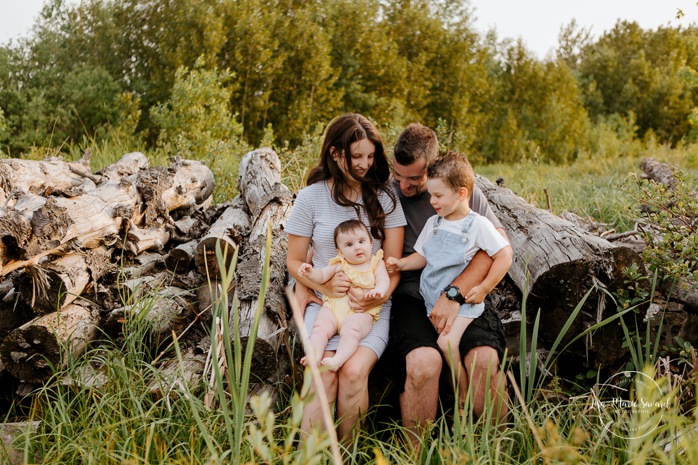 Family photos in a field. Golden hour family photos. Family sitting on stack wood. Séance photo dans un champ sauvage. Photographe de famille au Saguenay-Lac-Saint-Jean. Saguenay family photographer.