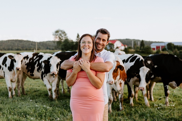 Maternity photos with cows. Maternity photos in a field. Dairy farm photos with cows. Farm photo session. Family photos with cows. Countryside family photos. Photos de famille à la campagne. Photos de famille dans un champ. Photographe de famille à Montréal. Montreal family photographer.
