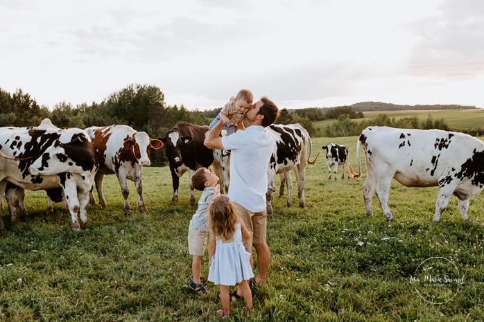 Dad throwing baby in air. Dairy farm photos with cows. Farm photo session. Family photos with cows. Countryside family photos. Photos de famille à la campagne. Photos de famille dans un champ. Photographe de famille à Montréal. Montreal family photographer.