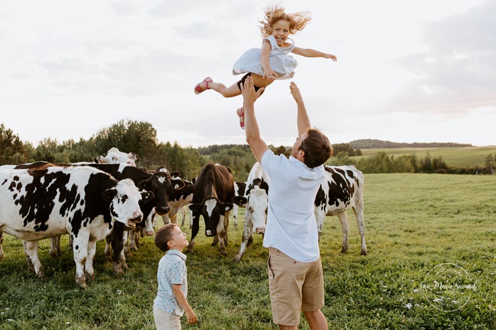 Dad throwing toddler girl in air. Dairy farm photos with cows. Farm photo session. Family photos with cows. Countryside family photos. Photos de famille à la campagne. Photos de famille dans un champ. Photographe de famille à Montréal. Montreal family photographer.