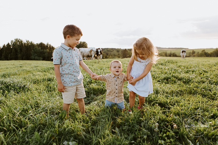 Children walking next to cows. Siblings holding hands. Dairy farm photos with cows. Farm photo session. Family photos with cows. Countryside family photos. Photos de famille à la campagne. Photos de famille dans un champ. Photographe de famille à Montréal. Montreal family photographer.