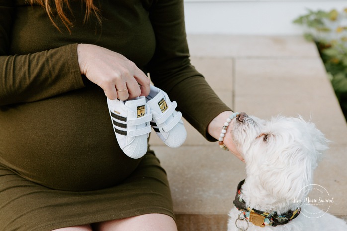 In-home maternity session. Front porch maternity photos. Maternity photos front yard. Maternity photos with dog. Photographe de maternité à Verdun. Verdun maternity photographer. Crawford Park.