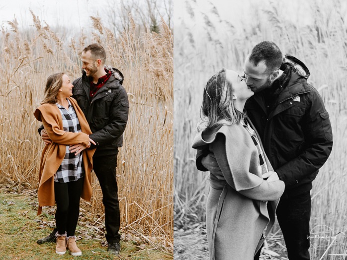 Winter maternity photos without snow. Maternity photos in front of pampas. Maternity photos next to lake. Photos de maternité dans le Sud-Ouest. Photographe de maternité à Ville-Émard. Montreal Southwest maternity photos.