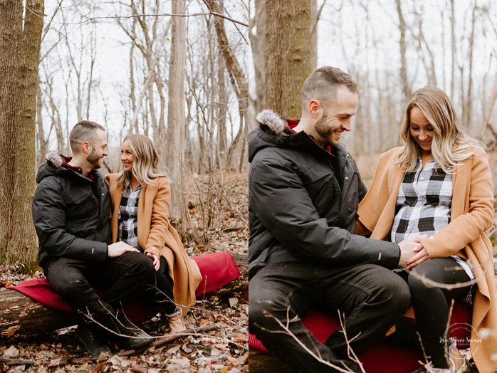 Winter maternity photos without snow. Maternity session in forest. Couple sitting on fallen tree. Photos de maternité dans le Sud-Ouest. Photographe de maternité à Ville-Émard. Montreal Southwest maternity photos.