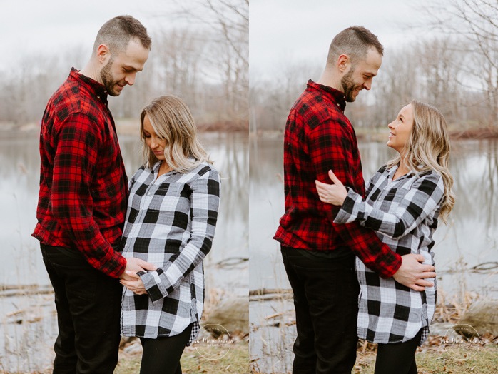 Winter maternity photos without snow. Maternity photos in front of lake. Mom holding belly. Photos de maternité dans le Sud-Ouest. Photographe de maternité à Ville-Émard. Montreal Southwest maternity photos.