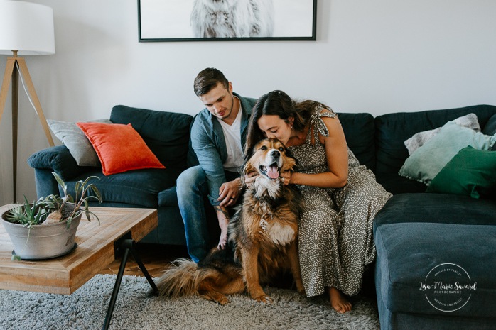 In-home maternity photos with a dog. Lifestyle maternity session. Maternity photos with large dog. Photos de maternité avec chien. Maternity photos dog. Photographe Saguenay. Saguenay photographer