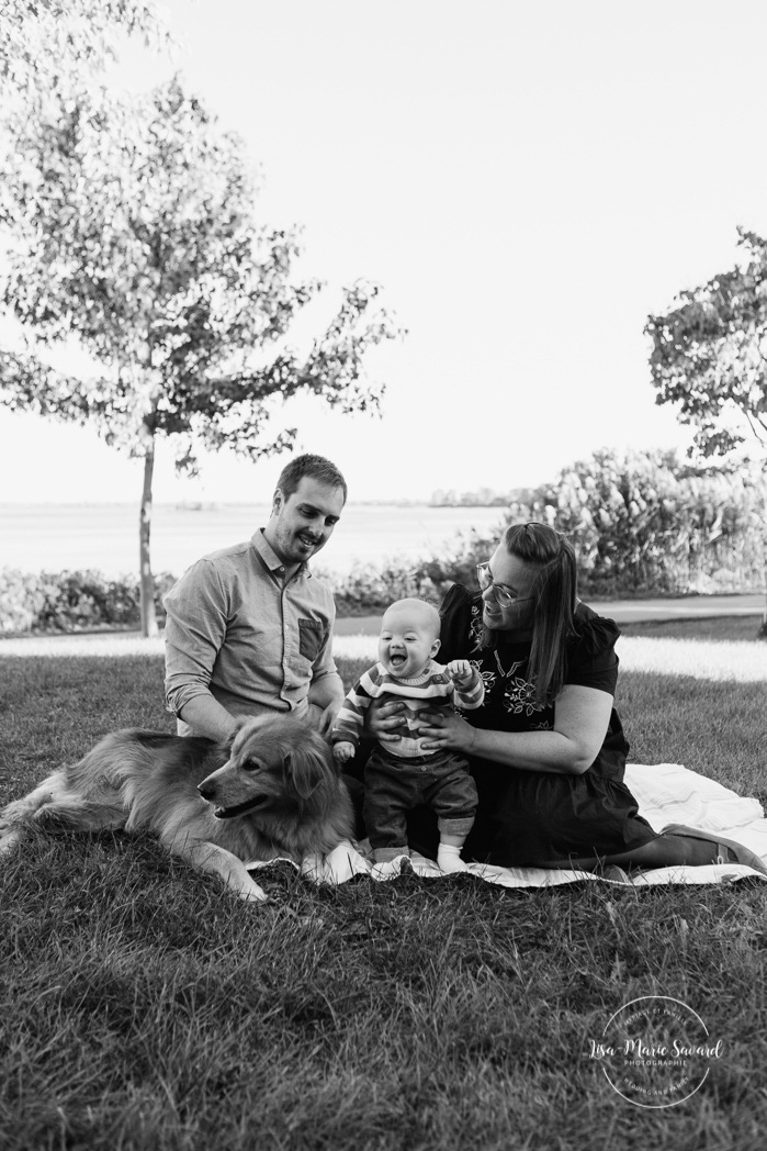 Six-month-old baby photos. Six month old baby photos. Outdoor baby photos. Family photos with dog. Family session with dog. Photos de bébé de six mois à Montréal. Montreal six-month-old baby photos. Photographe de famille à Montréal. Montreal family photographer