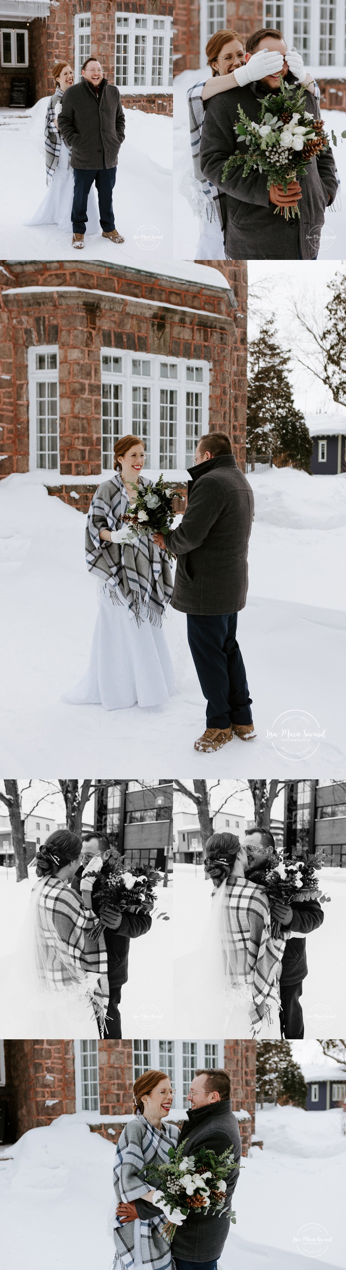 Winter first look. Wedding first look in the snow. Winter wedding photos. Mariage à Chicoutimi en hiver. Photographe de mariage au Saguenay. Maison John Murdock Chicoutimi.