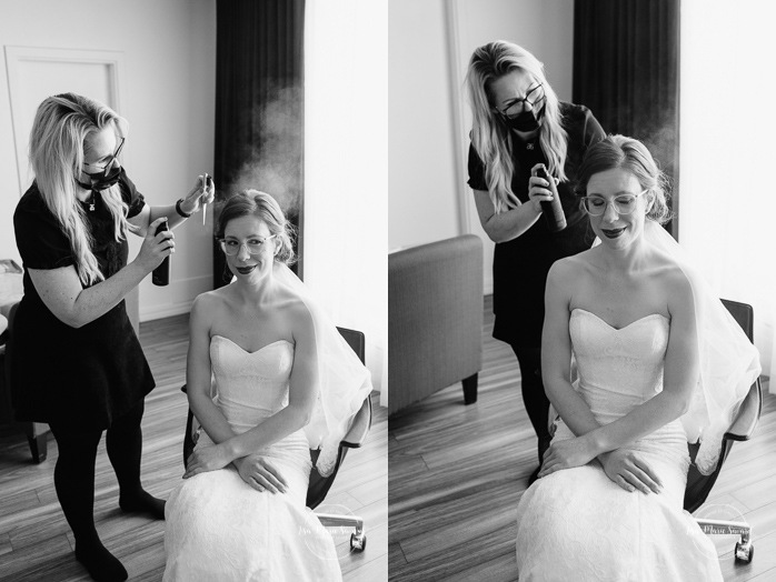 Bride getting ready with bridesmaids in hotel room. Winter wedding photos. Mariage à Chicoutimi en hiver. Mariage Hôtel Chicoutimi. Photographe de mariage au Saguenay.
