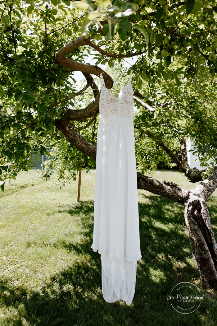 Wedding dress hanging from tree. Wedding gown hanging from a tree. Bride getting with bridesmaids and family at home. Mariage à la Cabane à sucre Constantin. Photographe de mariage à Montréal. Cabane à sucre Constantin wedding. Montreal wedding photographer.