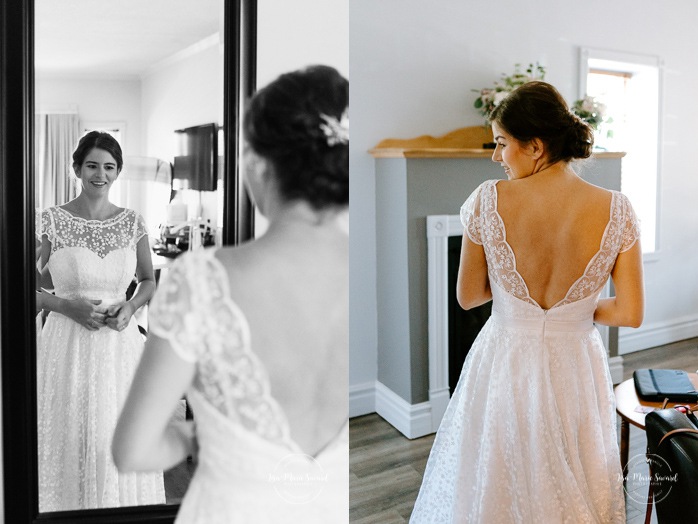 Bride putting dress on with mother. Photographe de mariage en Estrie. Photographe de mariage Cantons de l'Est. Mariage Estrimont Suites et Spa Orford.