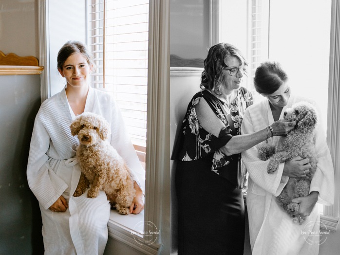 Bride and mother petting dog ring bearer. Photographe de mariage en Estrie. Photographe de mariage Cantons de l'Est. Mariage Estrimont Suites et Spa Orford.