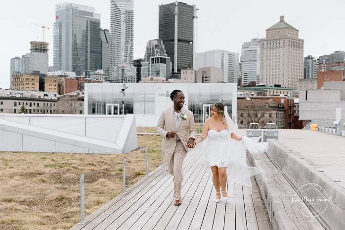 Urban wedding photos. Downtown wedding photos. Urban elopement photos. Old Montreal wedding photos. Montreal elopement wedding. Elopement à Montréal. Fugue amoureuse Montréal. Photographe de mariage à Montréal. Montreal wedding photographer. Biracial wedding photos. Mixed wedding photos. Black groom and Asian bride. 