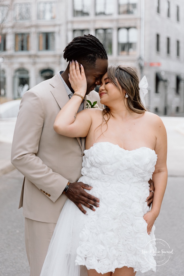 Urban wedding photos. Downtown wedding photos. Urban elopement photos. Old Montreal wedding photos. Montreal elopement wedding. Elopement à Montréal. Fugue amoureuse Montréal. Photographe de mariage à Montréal. Montreal wedding photographer. Biracial wedding photos. Mixed wedding photos. Black groom and Asian bride. 