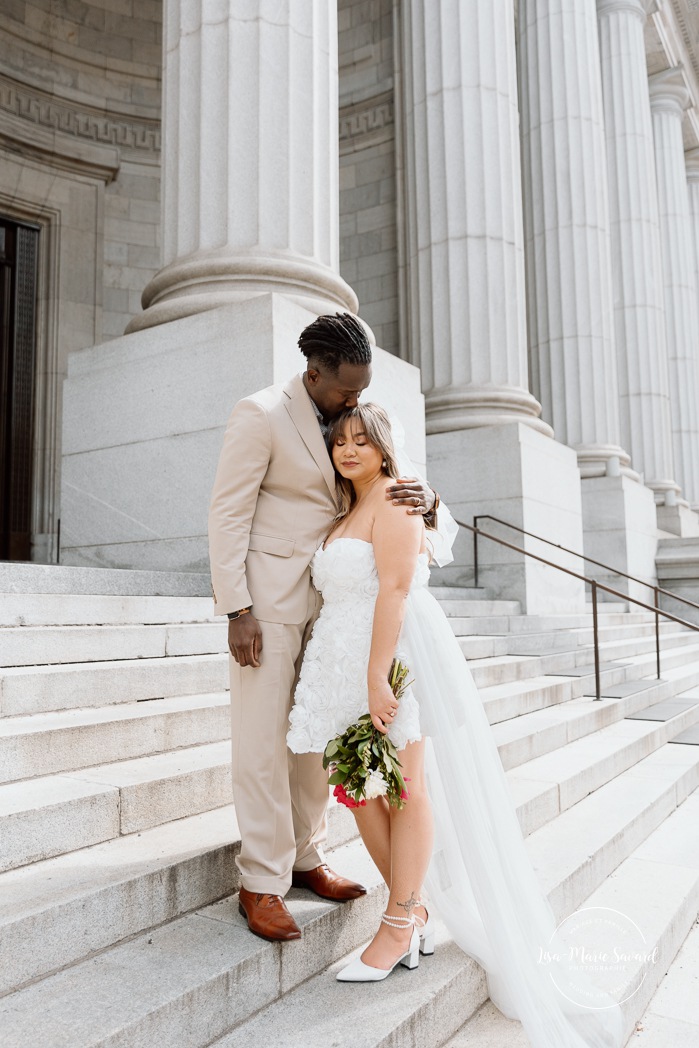 Urban wedding photos. Downtown wedding photos. Urban elopement photos. Old Montreal wedding photos. Montreal elopement wedding. Elopement à Montréal. Fugue amoureuse Montréal. Photographe de mariage à Montréal. Montreal wedding photographer. Biracial wedding photos. Mixed wedding photos. Black groom and Asian bride. 