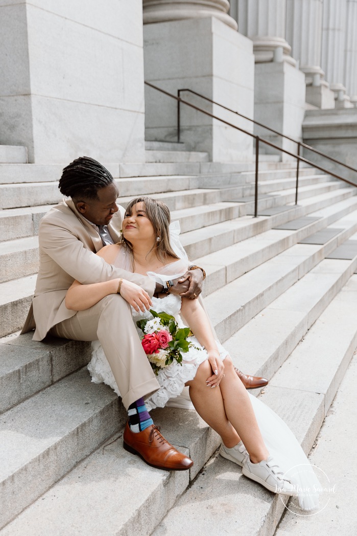 Urban wedding photos. Downtown wedding photos. Urban elopement photos. Old Montreal wedding photos. Montreal elopement wedding. Elopement à Montréal. Fugue amoureuse Montréal. Photographe de mariage à Montréal. Montreal wedding photographer. Biracial wedding photos. Mixed wedding photos. Black groom and Asian bride. 