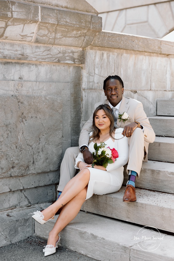 Urban wedding photos. Downtown wedding photos. Urban elopement photos. Old Montreal wedding photos. Montreal elopement wedding. Elopement à Montréal. Fugue amoureuse Montréal. Photographe de mariage à Montréal. Montreal wedding photographer. Biracial wedding photos. Mixed wedding photos. Black groom and Asian bride. 