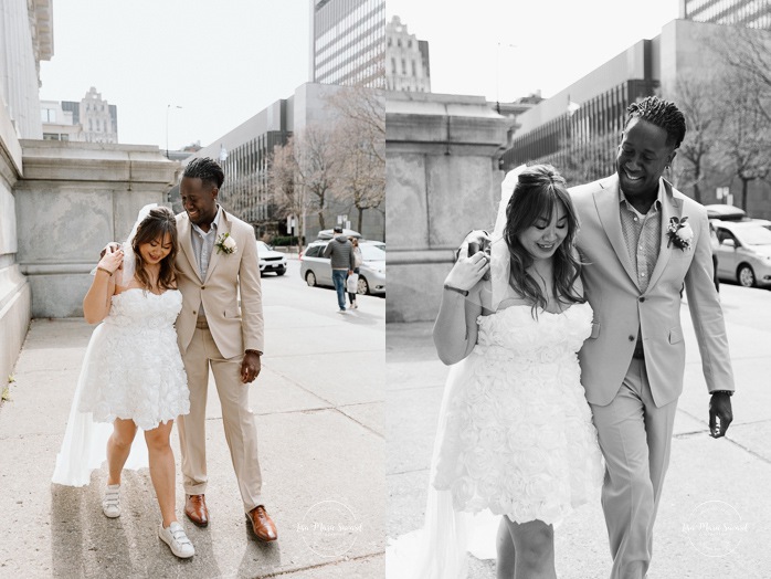 Urban wedding photos. Downtown wedding photos. Urban elopement photos. Old Montreal wedding photos. Montreal elopement wedding. Elopement à Montréal. Fugue amoureuse Montréal. Photographe de mariage à Montréal. Montreal wedding photographer. Biracial wedding photos. Mixed wedding photos. Black groom and Asian bride. 