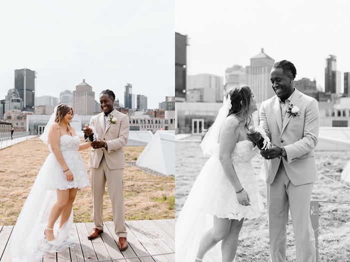 Urban wedding photos. Downtown wedding photos. Urban elopement photos. Old Montreal wedding photos. Montreal elopement wedding. Elopement à Montréal. Fugue amoureuse Montréal. Photographe de mariage à Montréal. Montreal wedding photographer. Biracial wedding photos. Mixed wedding photos. Black groom and Asian bride. 