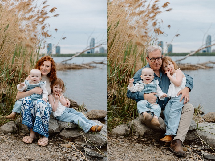 Spring family photos. Spring mini session ideas. Family photos with two kids. Mini séances familiales 2024. Photos sur le bord du fleuve à Montréal. Montreal mini session by the river.