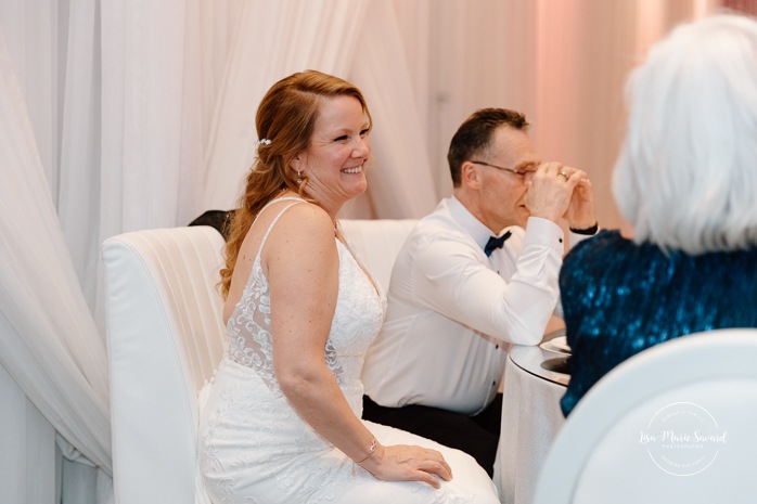 Wedding toast to the newlyweds. Wedding reception in ballroom. Mariage centre de congrès Palace Laval. Mariage à Laval. Palace convention centre wedding. Laval wedding photographer.