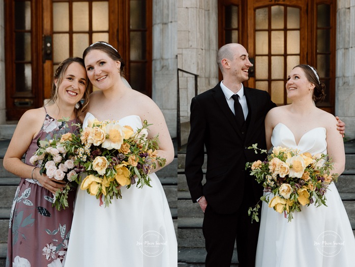 Wedding family photos in front of stone building. Mariage à Montréal au Livart. Montreal wedding at Le Livart. Photographe de mariage à Montréal. Montreal wedding photographer.