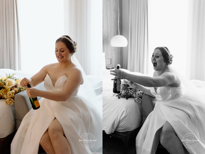 Bride getting ready with daughters and bridesmaids in hotel room. Mariage à Montréal au Livart. Montreal wedding at Le Livart. Photographe de mariage à Montréal. Montreal wedding photographer. Le Germain Centre-ville Montréal.