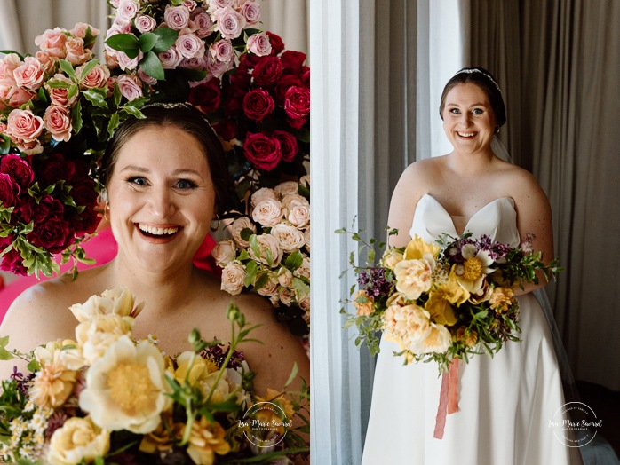 Bride getting ready with daughters and bridesmaids in hotel room. Mariage à Montréal au Livart. Montreal wedding at Le Livart. Photographe de mariage à Montréal. Montreal wedding photographer. Le Germain Centre-ville Montréal.