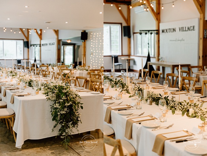 White, green and gold wedding color scheme. Romantic wedding decor. Photographe mariage à Montréal. Montreal wedding photographer. Mariage à Mouton Village. Mouton Village wedding.