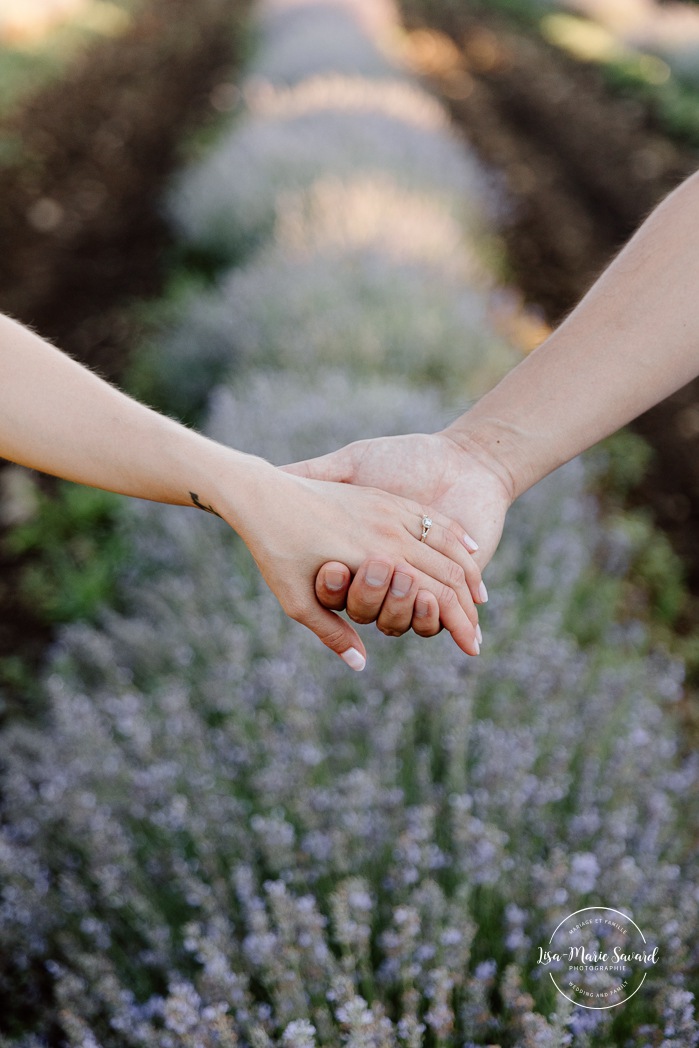 Lavender field engagement photos. Lavender field photo session. Golden hour engagement photos. Séance photo à la Maison Lavande. Maison Lavande photoshoot. Photos de fiançailles à Montréal. Montreal engagement photos.