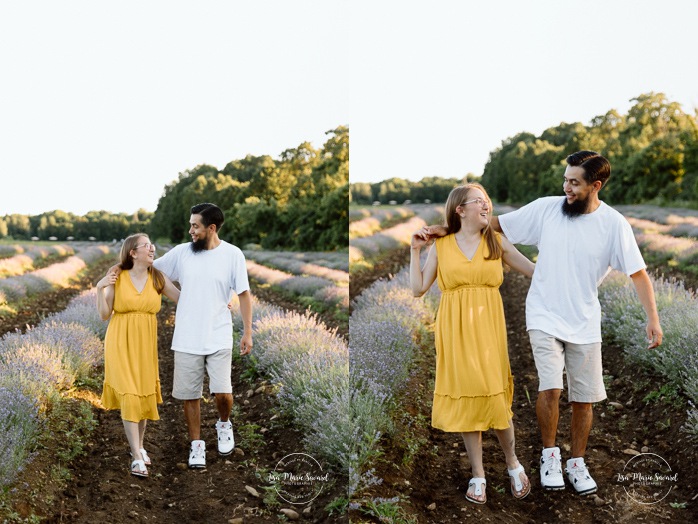 Lavender field engagement photos. Lavender field photo session. Golden hour engagement photos. Séance photo à la Maison Lavande. Maison Lavande photoshoot. Photos de fiançailles à Montréal. Montreal engagement photos.