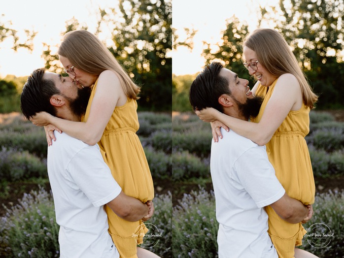 Lavender field engagement photos. Lavender field photo session. Golden hour engagement photos. Séance photo à la Maison Lavande. Maison Lavande photoshoot. Photos de fiançailles à Montréal. Montreal engagement photos.