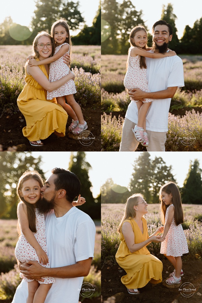 Lavender field family photos. Lavender field photo session. Family photos with dogs. Family photos with pets. Golden hour family photos. Séance photo à la Maison Lavande. Maison Lavande photoshoot. Photos de fiançailles à Montréal. Montreal engagement photos.