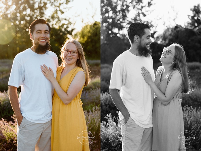 Lavender field engagement photos. Lavender field photo session. Golden hour engagement photos. Séance photo à la Maison Lavande. Maison Lavande photoshoot. Photos de fiançailles à Montréal. Montreal engagement photos.