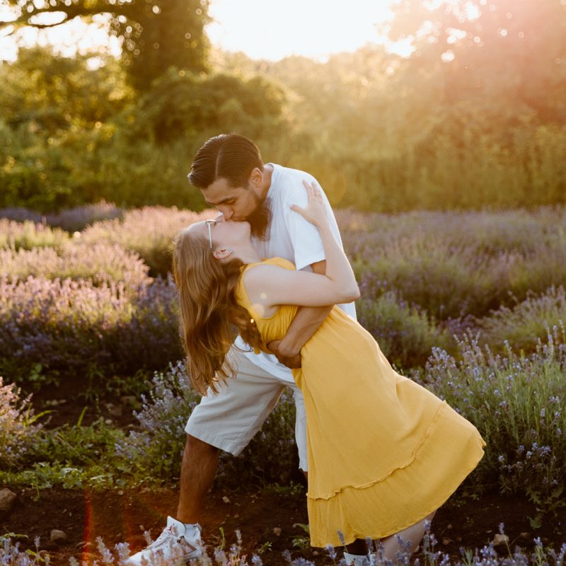 Lavender field engagement photos. Lavender field photo session. Golden hour engagement photos. Séance photo à la Maison Lavande. Maison Lavande photoshoot. Photos de fiançailles à Montréal. Montreal engagement photos.