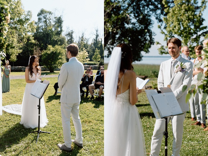 Outdoor wedding ceremony in front of windmill. Mariage à la Pointe-du-Moulin. Photographe mariage à Montréal. Pointe-du-Moulin wedding. Montreal wedding photographer.