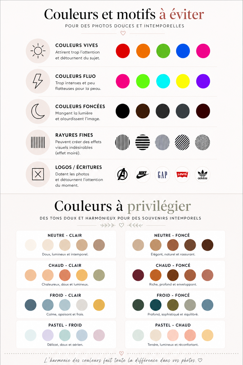 Quelles couleurs de vêtements à éviter et privilégier pour votre séance photo? Photographe à Montréal. Which clothing colours to avoid and favour for your photoshoot? Montreal photographer.