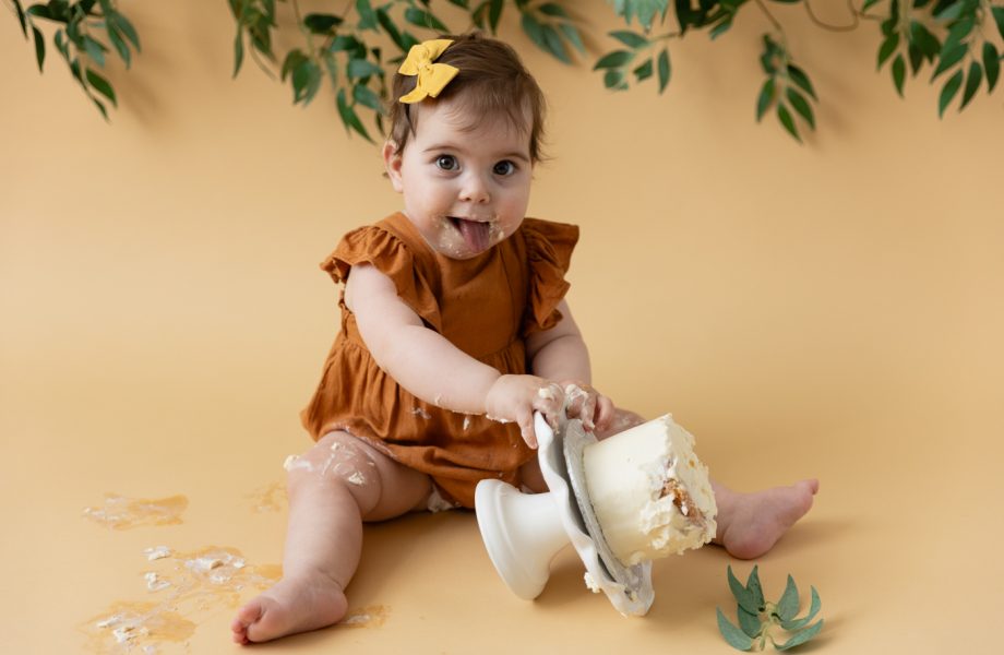 Fun Smash Cake ideas. Rustic Smash Cake session. Greenery Smash Cake photos. Natural Smash Cake photos. Photographe Smash Cake à Montréal. Montreal Smash Cake photographer. Séance photo de premier anniversaire. First birthday photoshoot.