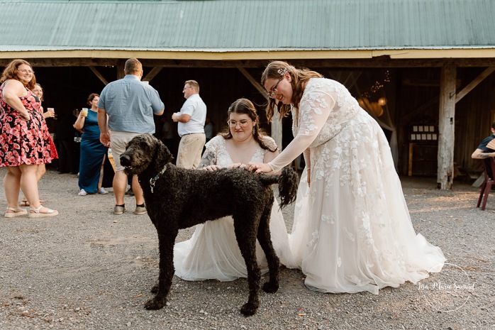 Barn wedding photos. Same sex wedding photos. Lesbian wedding photos. Two brides wedding photos. Mariage au Verger Jude-Pomme. Photographe mariage LGBTQ+ à Montréal. Montreal LGBTQ+ wedding photographer. 